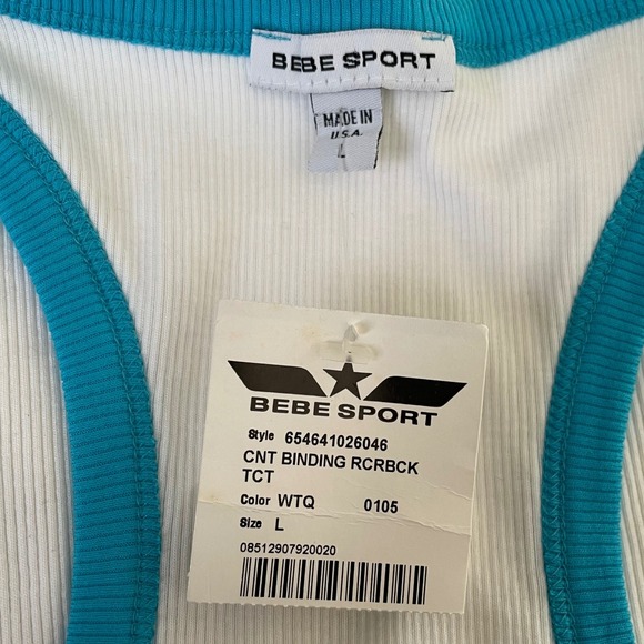 Vintage Bebe Sport Ribbed Tank Top White Blue Y2K McBling NWT Large USA Made - Picture 10 of 12